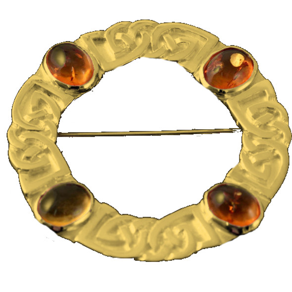 Celtic Knotwork Four Oval Amber Open Circular 9K Yellow Gold Brooch