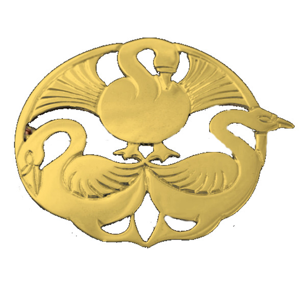 Three Nornes Swan Norse Mythology Round Medium 9K Yellow Gold Brooch