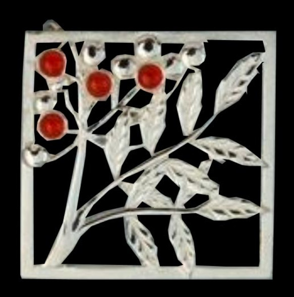 Rowan Tree Leaf Square Cornelian Medium Sterling Silver Brooch