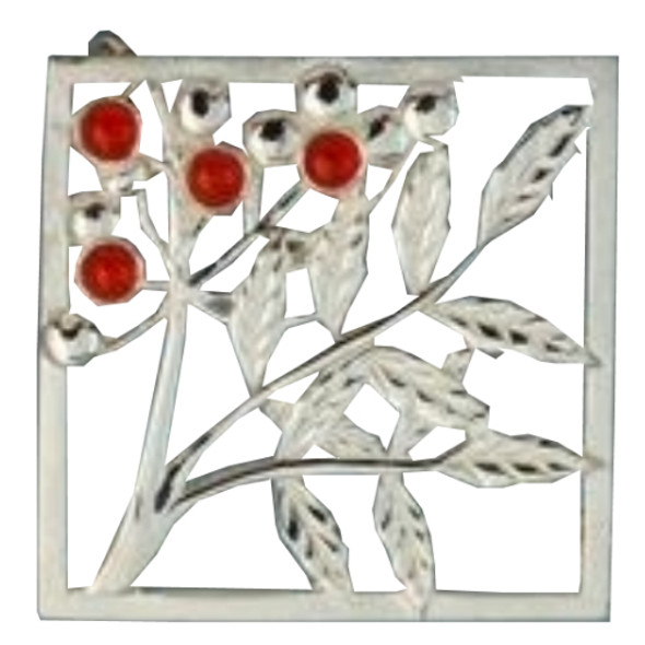 Rowan Tree Leaf Square Cornelian Medium Sterling Silver Brooch