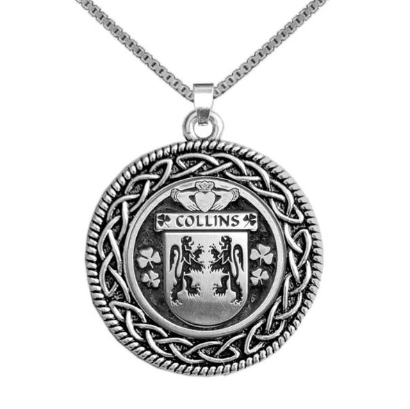 Collins Irish Coat Of Arms Interlace Round Pewter Family Crest Pendant