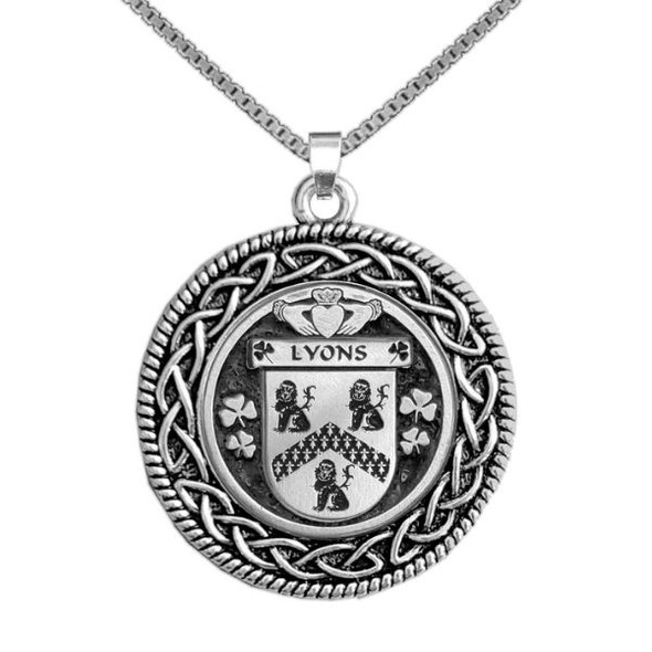 Lyons Irish Coat Of Arms Interlace Round Silver Family Crest Pendant