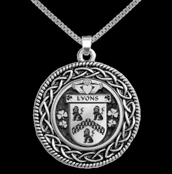 Lyons Irish Coat Of Arms Interlace Round Silver Family Crest Pendant