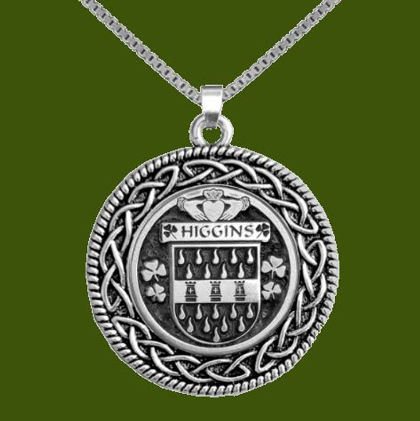 Higgins Irish Coat Of Arms Interlace Round Pewter Family Crest Pendant