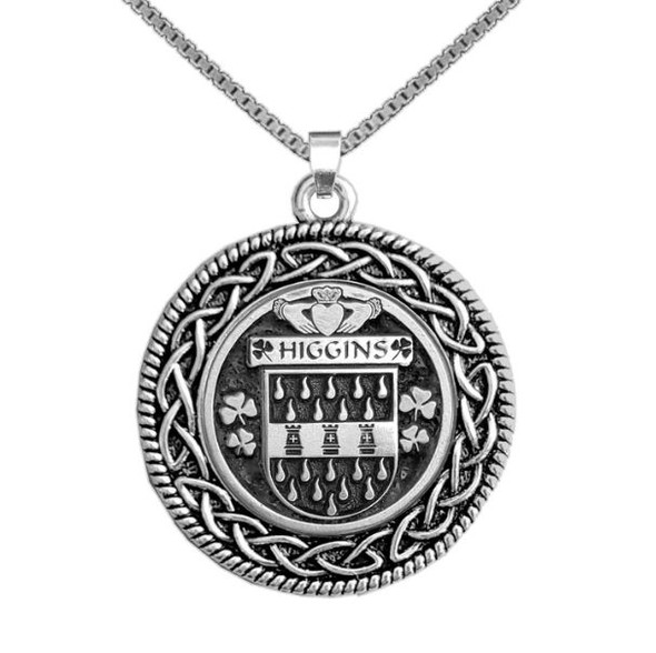 Higgins Irish Coat Of Arms Interlace Round Silver Family Crest Pendant