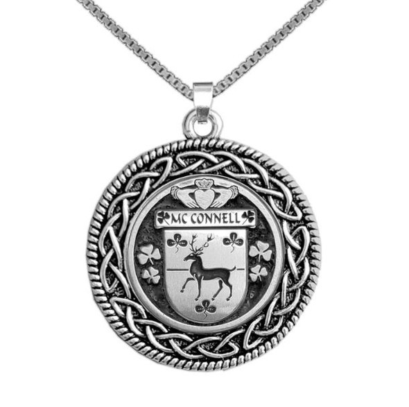 McConnell Irish Coat Of Arms Interlace Round Pewter Family Crest Pendant