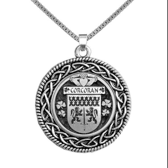 Corcoran Irish Coat Of Arms Interlace Round Pewter Family Crest Pendant