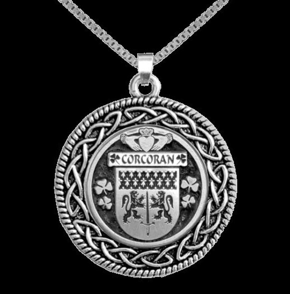 Corcoran Irish Coat Of Arms Interlace Round Silver Family Crest Pendant