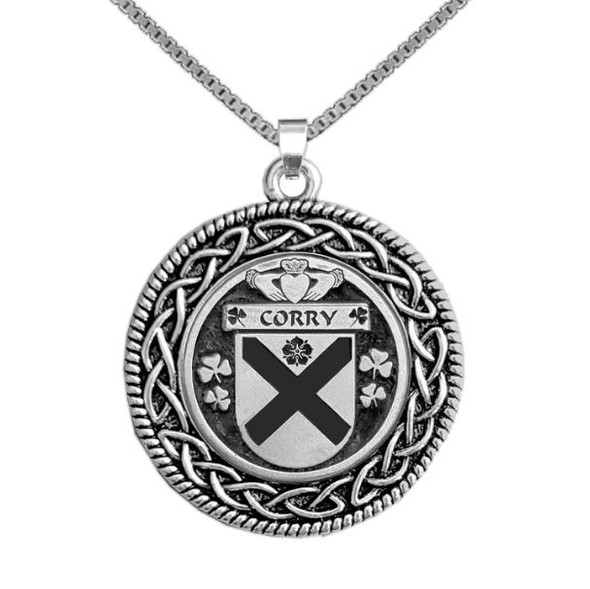 Corry Irish Coat Of Arms Interlace Round Silver Family Crest Pendant
