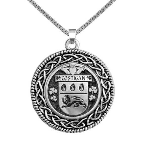Costigan Irish Coat Of Arms Interlace Round Silver Family Crest Pendant