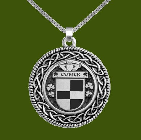 Cusick Irish Coat Of Arms Interlace Round Pewter Family Crest Pendant