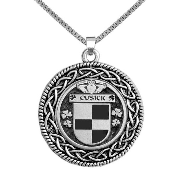 Cusick Irish Coat Of Arms Interlace Round Silver Family Crest Pendant