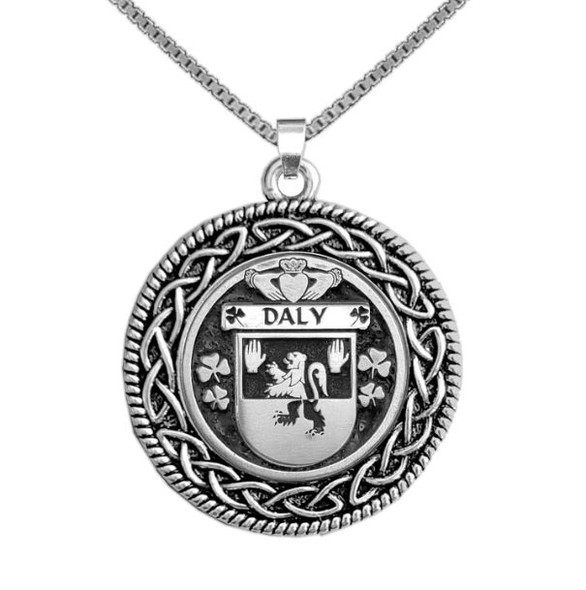 Daly Irish Coat Of Arms Interlace Round Silver Family Crest Pendant