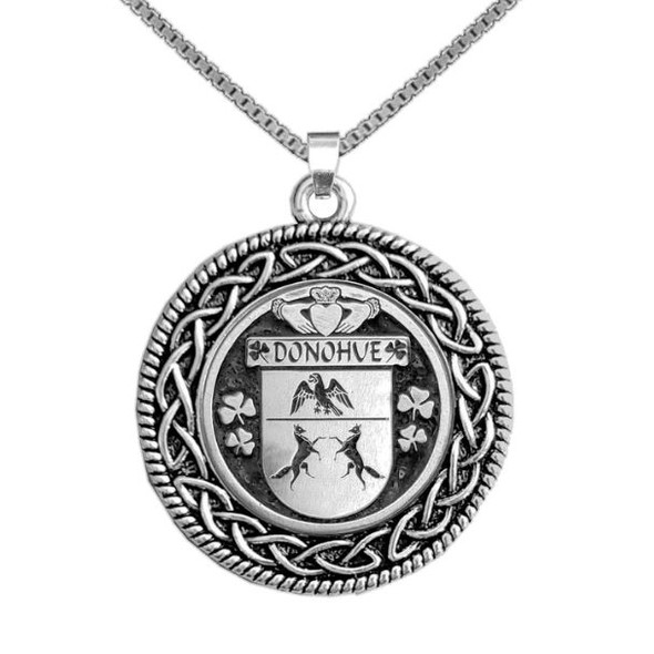 Donohue Irish Coat Of Arms Interlace Round Silver Family Crest Pendant