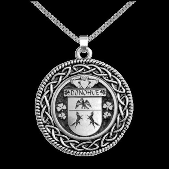 Donohue Irish Coat Of Arms Interlace Round Silver Family Crest Pendant