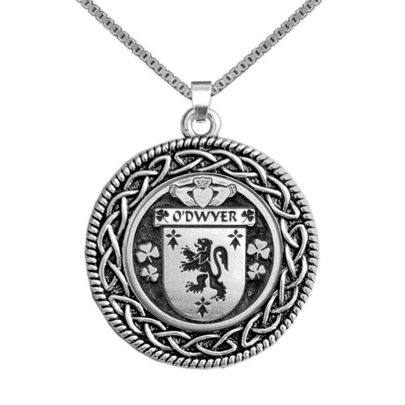 ODwyer Irish Coat Of Arms Interlace Round Silver Family Crest Pendant