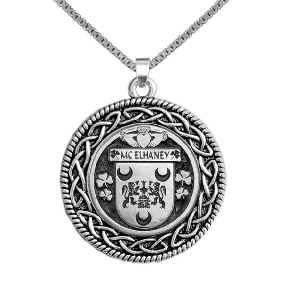 McElhaney Irish Coat Of Arms Interlace Round Pewter Family Crest Pendant