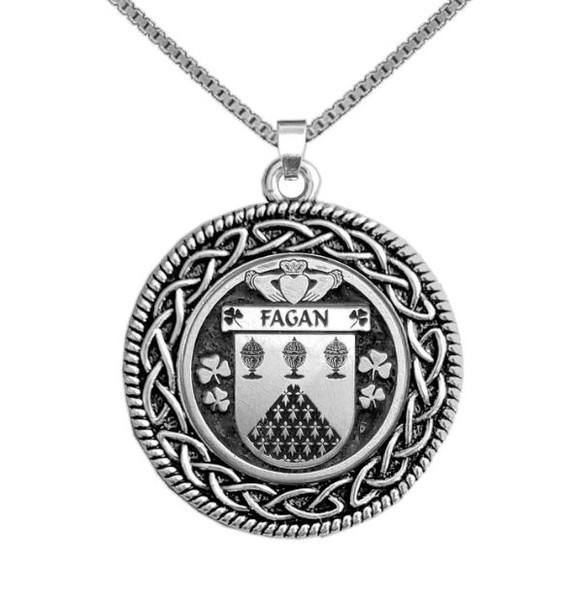 Fagan Irish Coat Of Arms Interlace Round Silver Family Crest Pendant