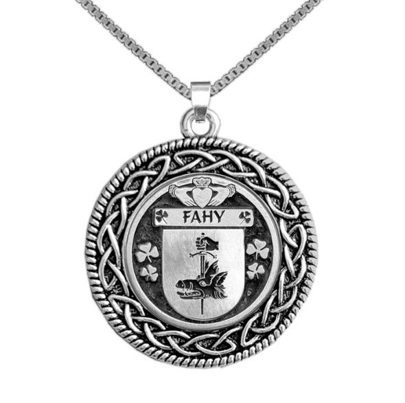 Fahy Irish Coat Of Arms Interlace Round Pewter Family Crest Pendant