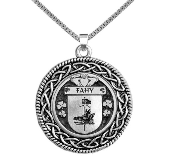 Fahy Irish Coat Of Arms Interlace Round Silver Family Crest Pendant