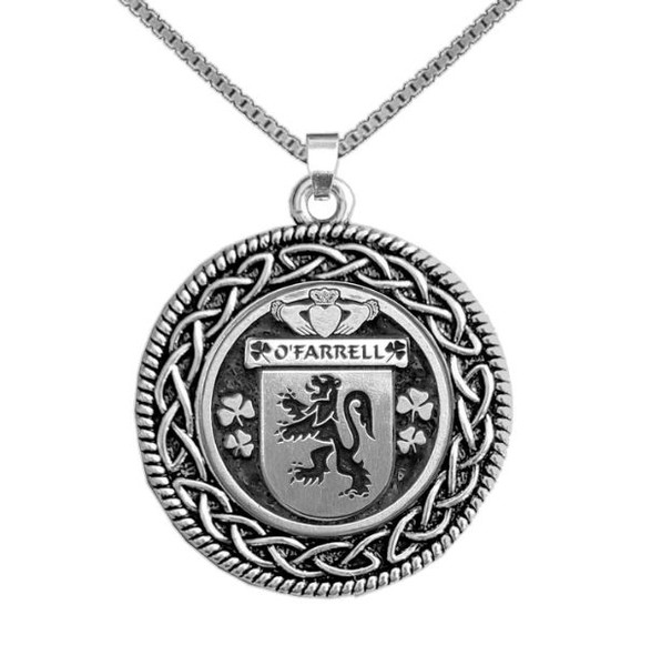 OFarrell Irish Coat Of Arms Interlace Round Silver Family Crest Pendant