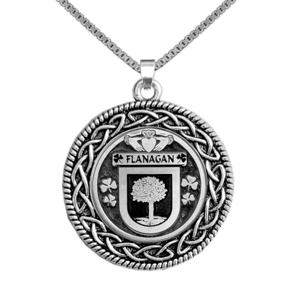 Flanagan Irish Coat Of Arms Interlace Round Silver Family Crest Pendant