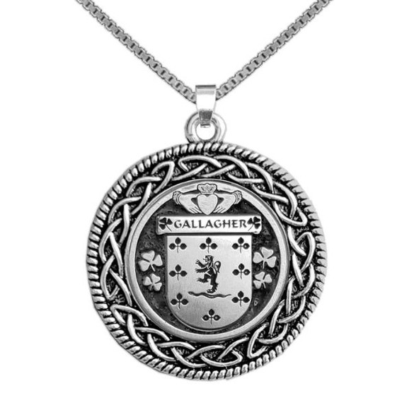 Gallagher Irish Coat Of Arms Interlace Round Silver Family Crest Pendant