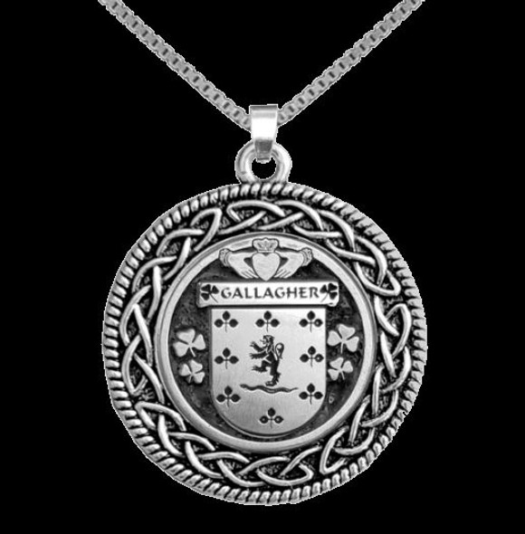 Gallagher Irish Coat Of Arms Interlace Round Silver Family Crest Pendant