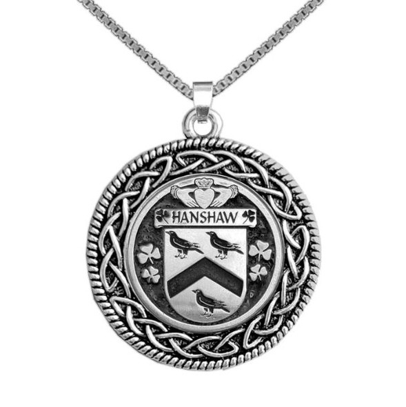 Hanshaw Irish Coat Of Arms Interlace Round Pewter Family Crest Pendant