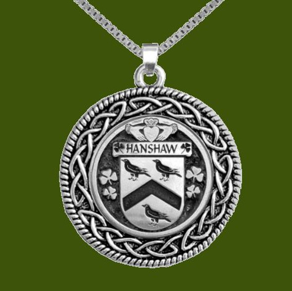 Hanshaw Irish Coat Of Arms Interlace Round Pewter Family Crest Pendant