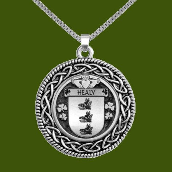 Healy Irish Coat Of Arms Interlace Round Pewter Family Crest Pendant