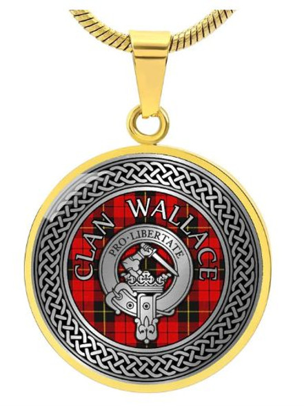Wallace Clan Crest Celtic Knotwork Round Clan Badge Gold Pendant