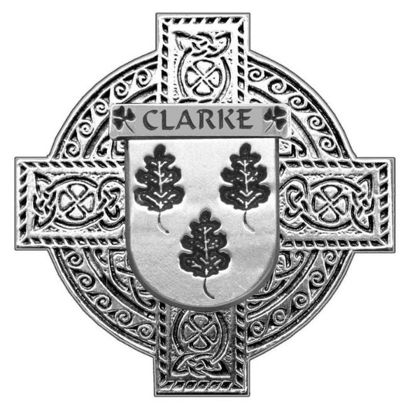 Clarke Irish Coat Of Arms Celtic Cross Stylish Pewter Family Crest Badge 