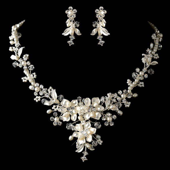 Ivory Pearl Floral Crystal Cluster Silver Wedding Necklace Earrings Bridal Set