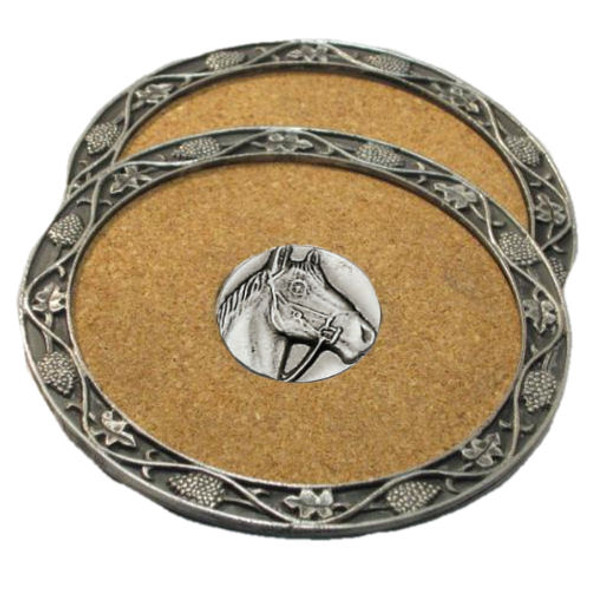 Horse Animal Themed Cork Wine Stylish Pewter Edge Coasters Set of 4