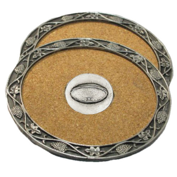 Rugby Football Themed Cork Wine Stylish Pewter Edge Coasters Set of 4