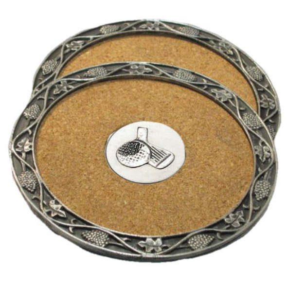 Golf Ball And Wedge Themed Cork Wine Stylish Pewter Edge Coasters Set of 4