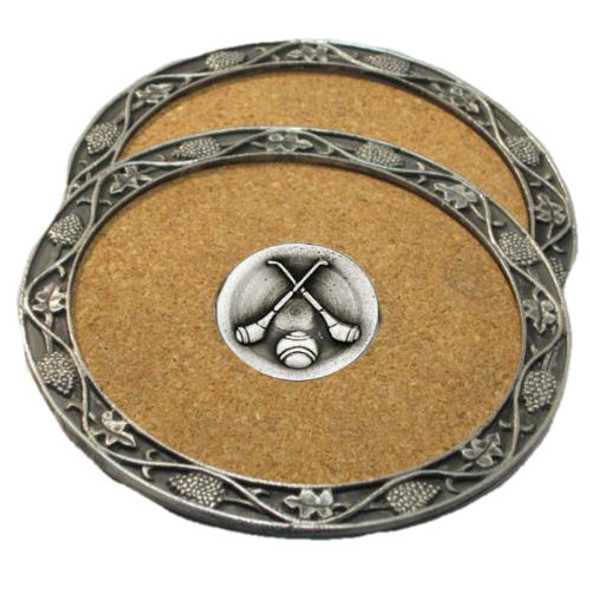 Hurling Themed Cork Wine Stylish Pewter Edge Coasters Set of 4