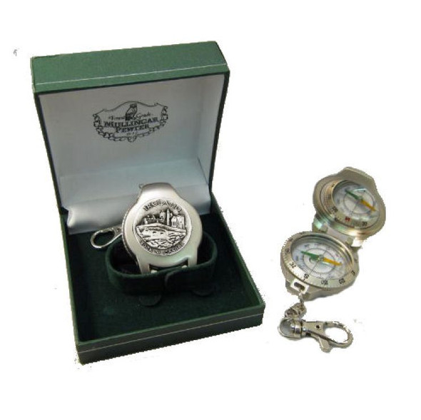 Rock Of Cashel Ireland Themed Pewter Boxed Compass With Belt Clip