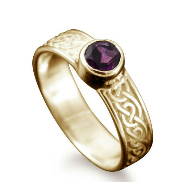 Hascosay Celtic Knot Round Amethyst Ladies 9K Yellow Gold Band Ring Sizes A-Q