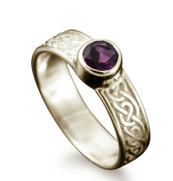 Hascosay Celtic Knot Round Amethyst Ladies Palladium Band Ring Sizes R-Z