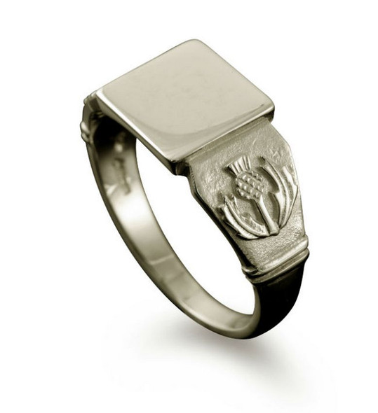 Scotland Thistle Emblem Large Signet Mens 18K White Gold Ring Sizes R-Z