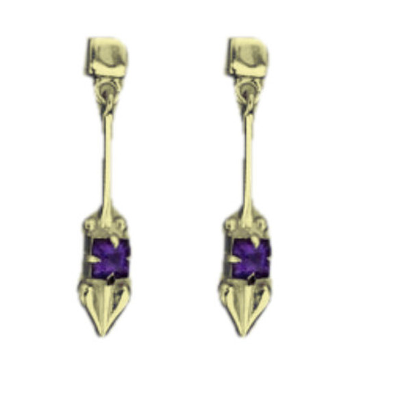 Art Nouveau Glasgow Girls Purple Amethyst Long Drop 9K Yellow Gold Earrings