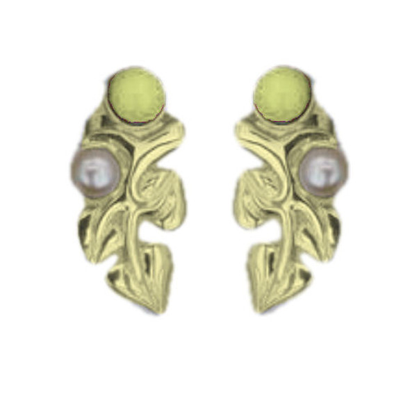 Art Nouveau Leaf Motif Pearl Citrine Stud 9K Yellow Gold Earrings
