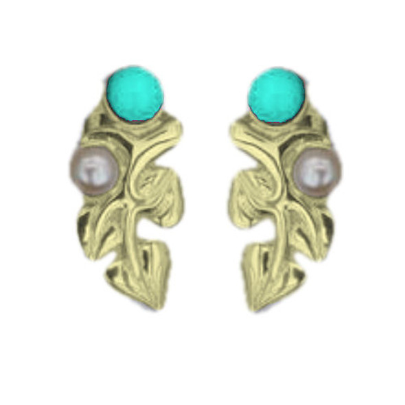 Art Nouveau Leaf Motif Pearl Turquoise Stud 9K Yellow Gold Earrings