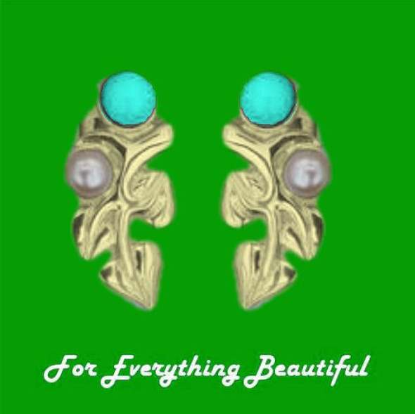 Art Nouveau Leaf Motif Pearl Turquoise Stud 9K Yellow Gold Earrings