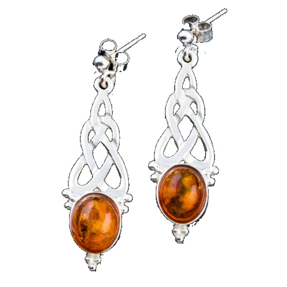 Celtic Knot Oval Amber Long Drop Sterling Silver Earrings