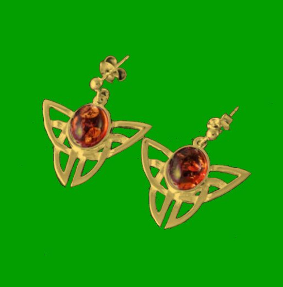 Celtic Knot Oval Amber Drop 9K Yellow Gold Earrings