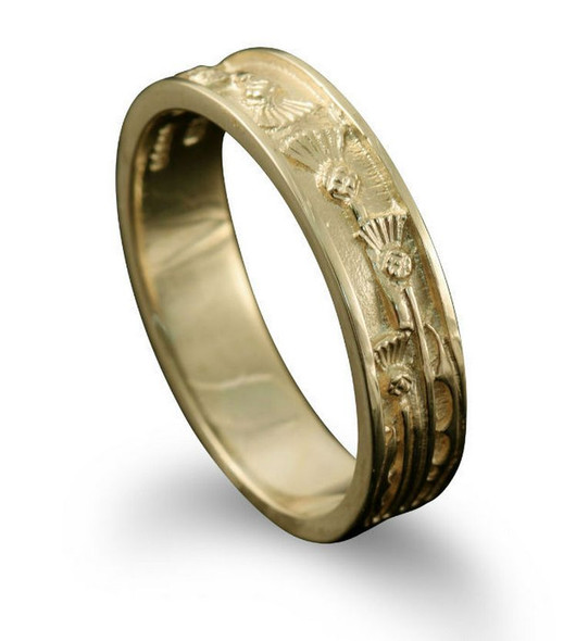 Scotland Thistle Narrow Ladies Wedding 9K Yellow Gold Ring Band Sizes A-Q