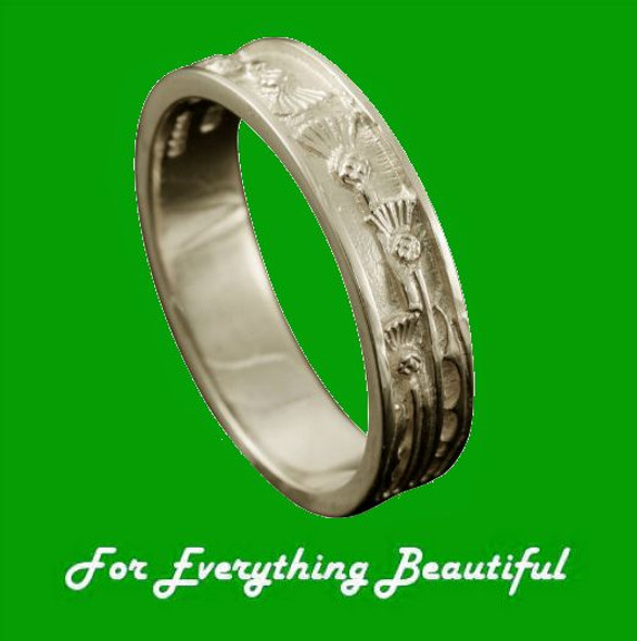 Scotland Thistle Narrow Ladies Wedding 9K White Gold Ring Band Sizes R-Z
